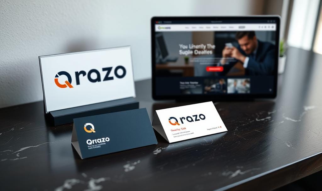 QRAZO branding mockup on business card, signage, and website screen