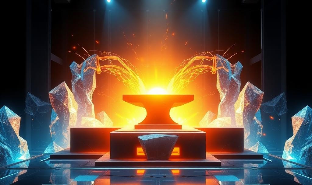 Futuristic digital forge with glowing anvil and energy flows