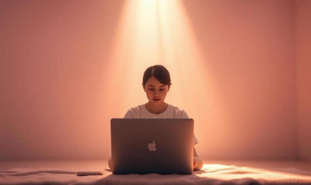 A calming, softly lit image of a person sitting in front of a laptop.
