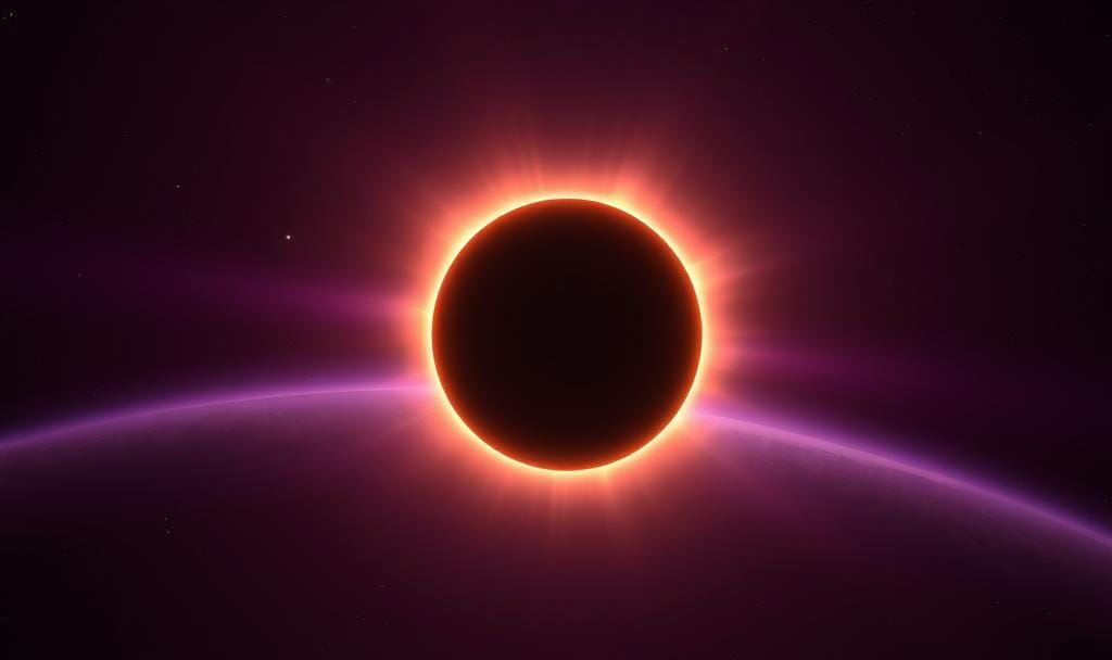 Solar eclipse from space with glowing corona and starry background