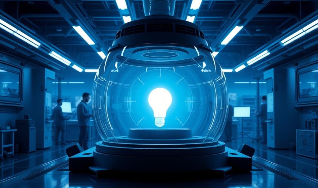 Innovators around glowing idea chamber in high-tech lab