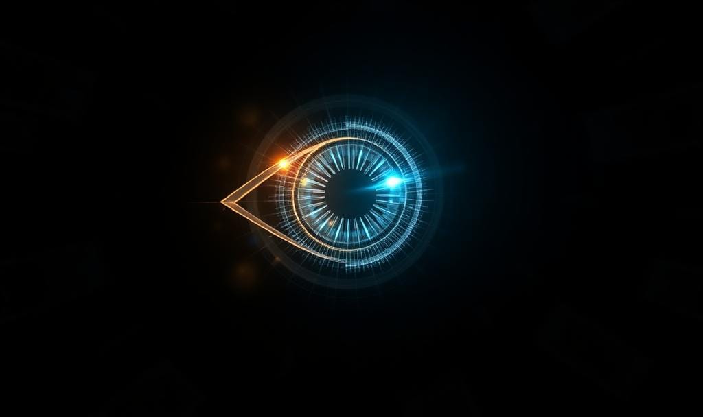 Abstract digital eye of light and neural lines in dark space