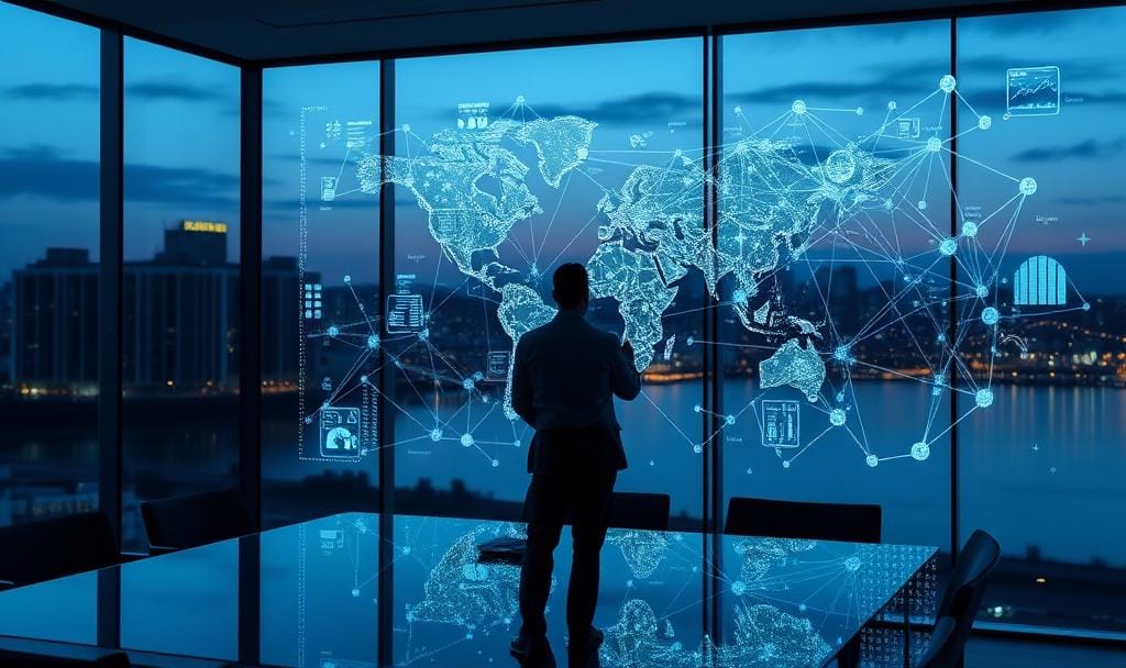 Person analyzing digital map in glass conference room at dusk