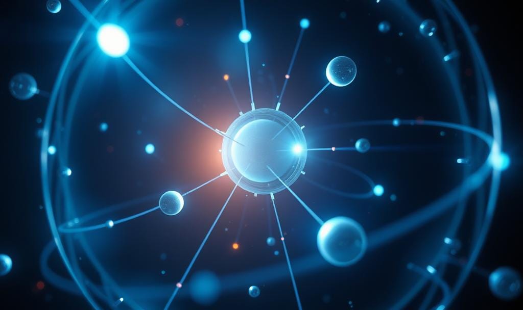 Glowing atomic nucleus with visible protons and electrons orbiting.