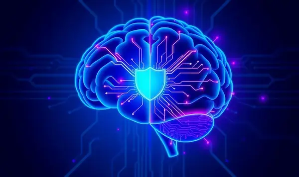 Futuristic digital brain made of glowing circuits protected by a transparent shield, symbolizing the fusion of privacy and intelligence.