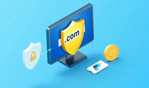3D illustration of secure domain payment with .com, escrow, PayPal and crypto icons